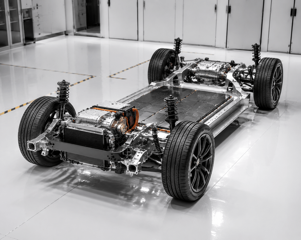 Rancang bangun platform sasis modular otomotif multi-powertrain untuk kendaraan listrik, hybrid, dan mesin konvensional.