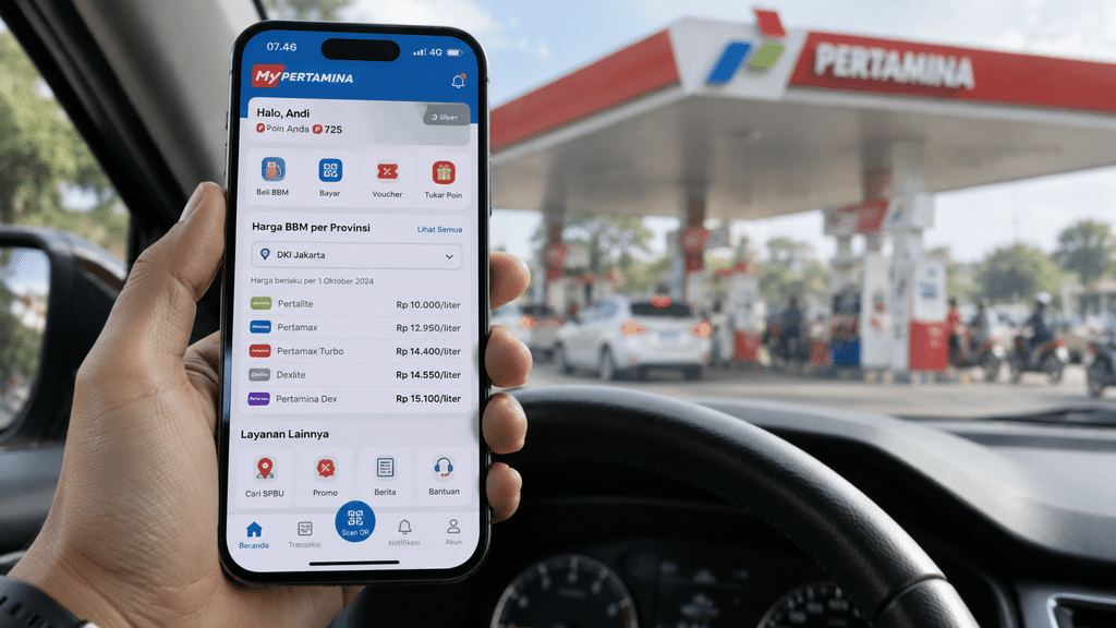 Pengguna memeriksa daftar harga bahan bakar resmi berdasarkan provinsi melalui aplikasi ponsel pintar.