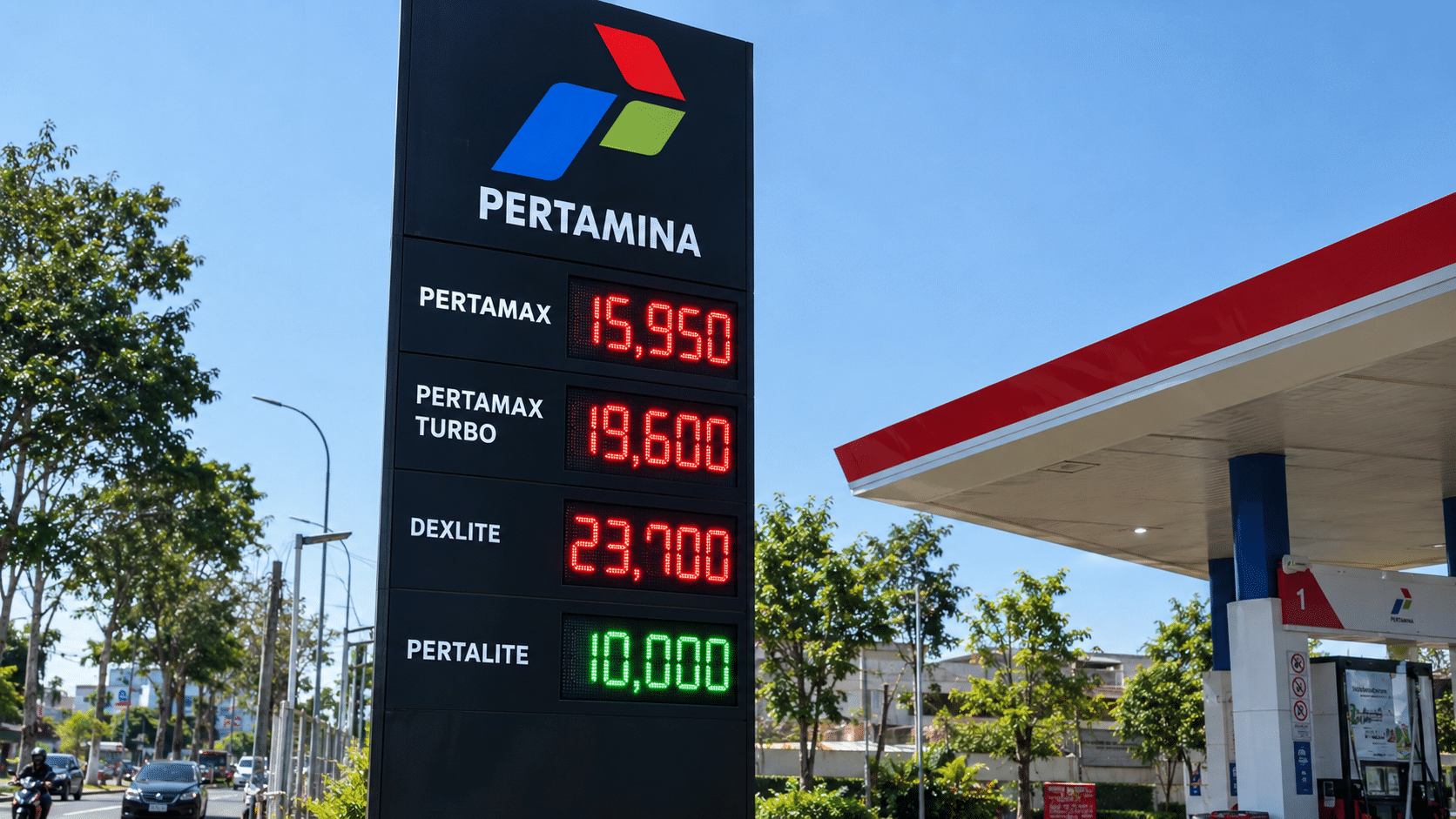 Papan totem tarif digital SPBU Pertamina menampilkan rincian harga Pertalite, Biosolar, Pertamax, dan Dexlite.