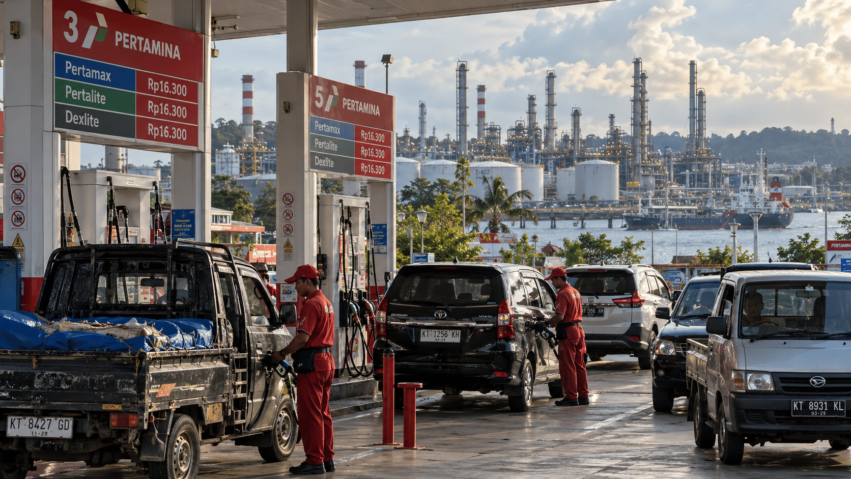 Aktivitas pengisian BBM di SPBU Balikpapan Kalimantan Timur dengan latar kilang minyak Pertamina.