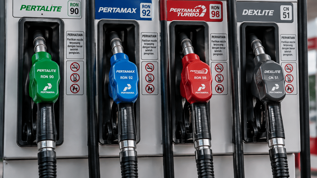 Deretan nosel dispenser bahan bakar aneka warna mewakili Pertamax, Pertalite, Dexlite, dan Pertamina Dex.