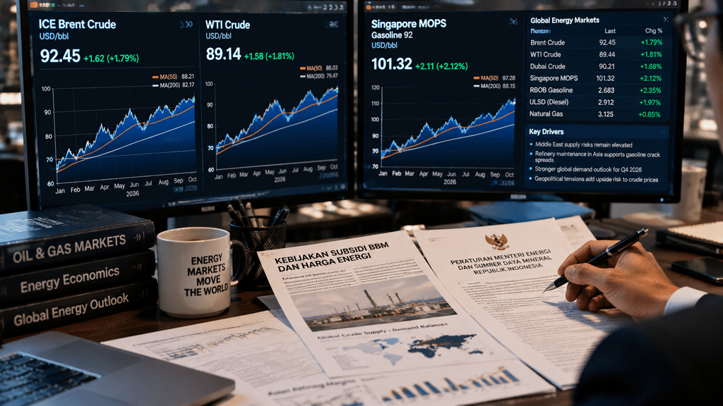 Grafik pergerakan harga minyak mentah dunia dan indeks MOPS di layar komputer analis energi.